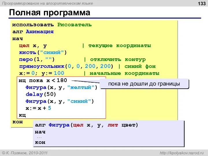 Полная программа использовать Рисователь алг Анимация нач цел x, y