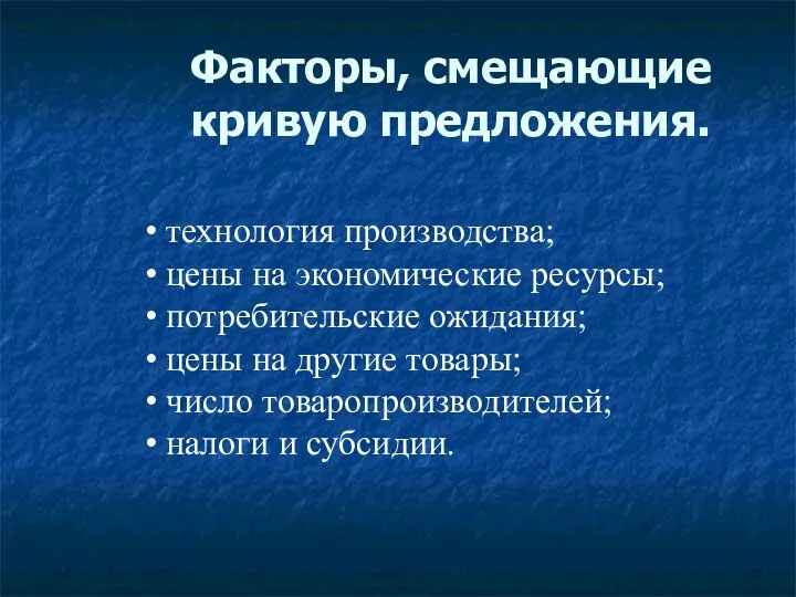 Факторы, смещающие кривую предложения. технология производства; цены на экономические ресурсы;