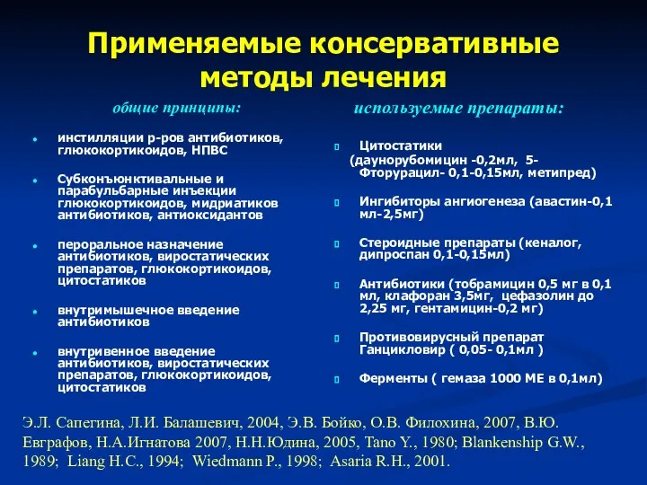 Применяемые консервативные методы лечения общие принципы: инстилляции р-ров антибиотиков, глюкокортикоидов,