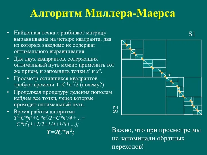 Алгоритм Миллера-Маерса Найденная точка x разбивает матрицу выравнивания на четыре