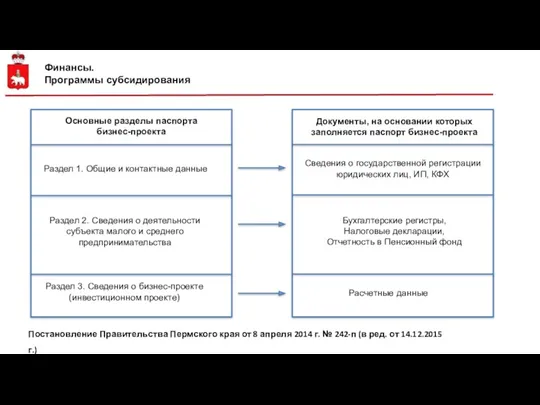 Финансы. Программы субсидирования Основные разделы паспорта бизнес-проекта Раздел 1. Общие