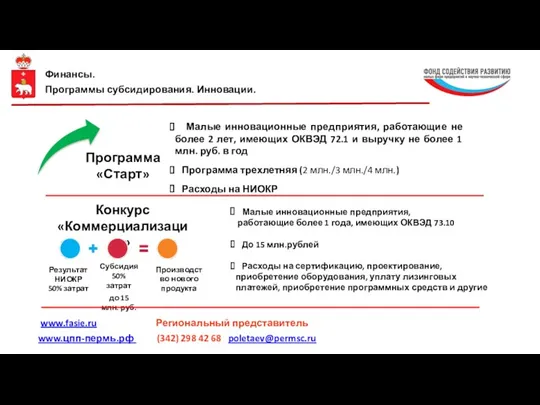 Финансы. Программы субсидирования. Инновации. Программа «Старт» Малые инновационные предприятия, работающие