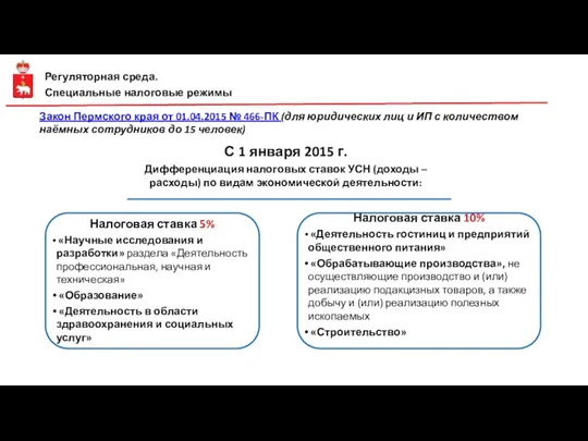 Регуляторная среда. Специальные налоговые режимы Закон Пермского края от 01.04.2015