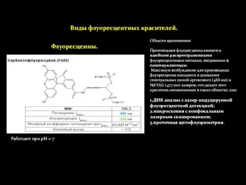 Виды флуоресцентных красителей. Флуоресцеины. Области применения: Производные флуоресцеина являются наиболее