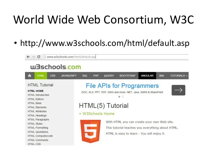 World Wide Web Consortium, W3C http://www.w3schools.com/html/default.asp