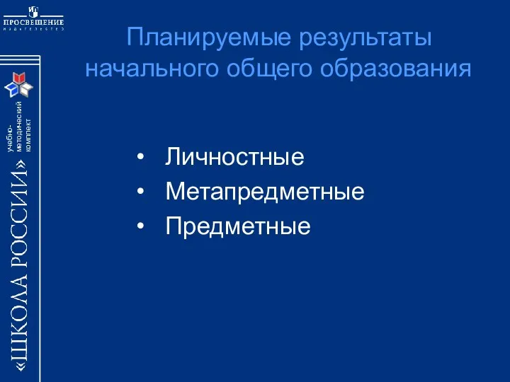 Планируемые результаты начального общего образования Личностные Метапредметные Предметные