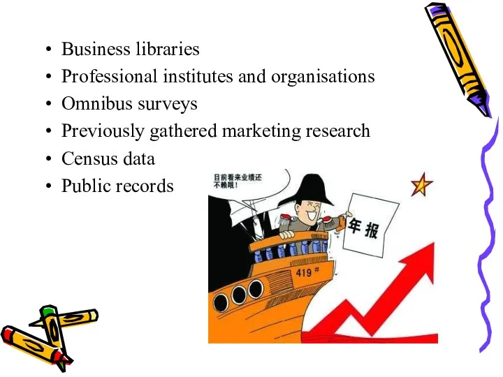 Business libraries Professional institutes and organisations Omnibus surveys Previously gathered marketing research Census data Public records