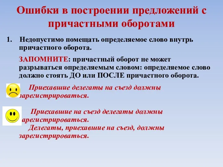 Ошибки в построении предложений с причастными оборотами 1. Недопустимо помещать