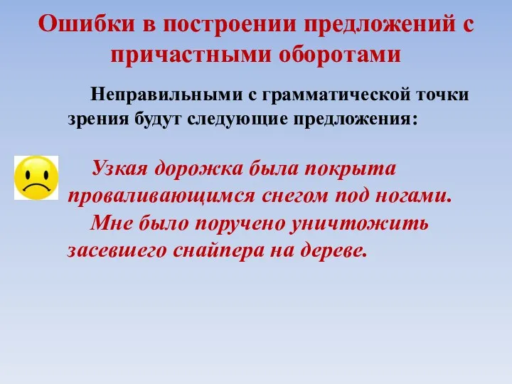 Ошибки в построении предложений с причастными оборотами Неправильными с грамматической