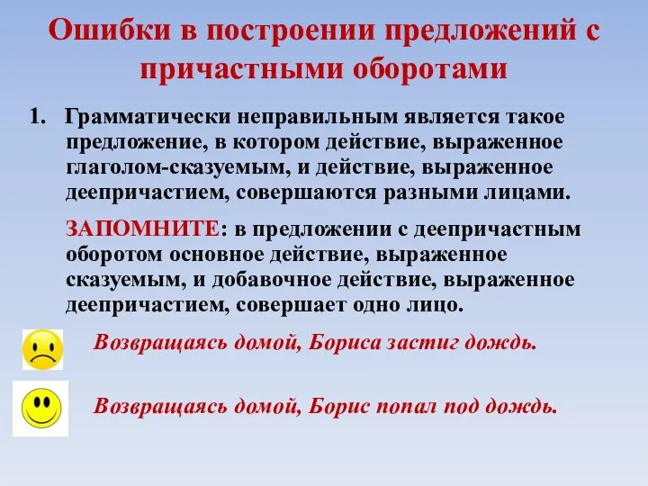 Ошибки в построении предложений с причастными оборотами 1. Грамматически неправильным