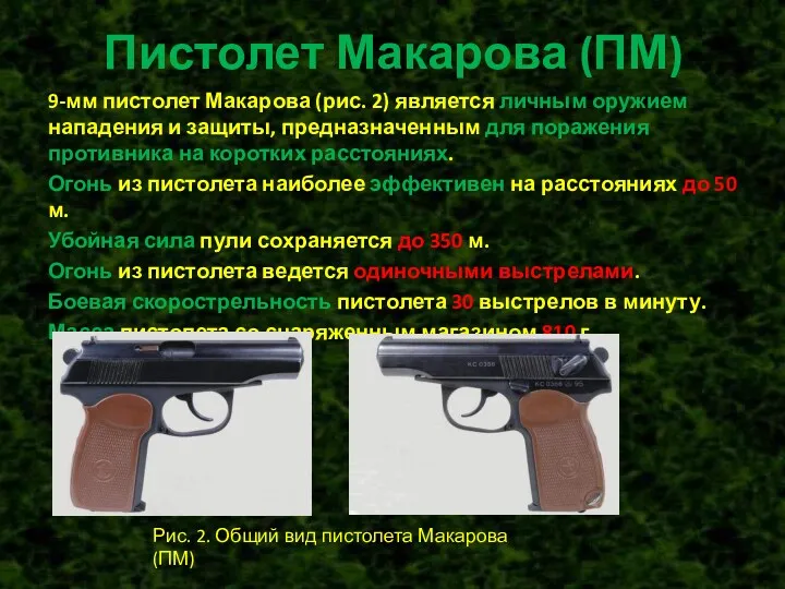 Пистолет Макарова (ПМ) 9-мм пистолет Макарова (рис. 2) является личным