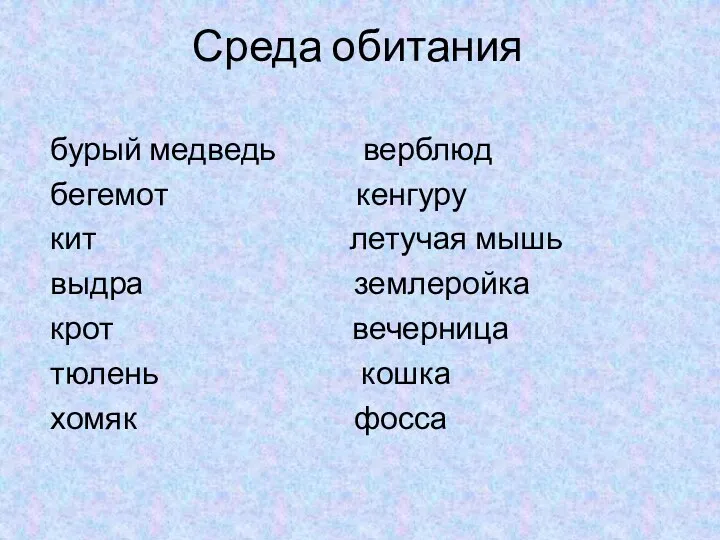 Среда обитания бурый медведь верблюд бегемот кенгуру кит летучая мышь