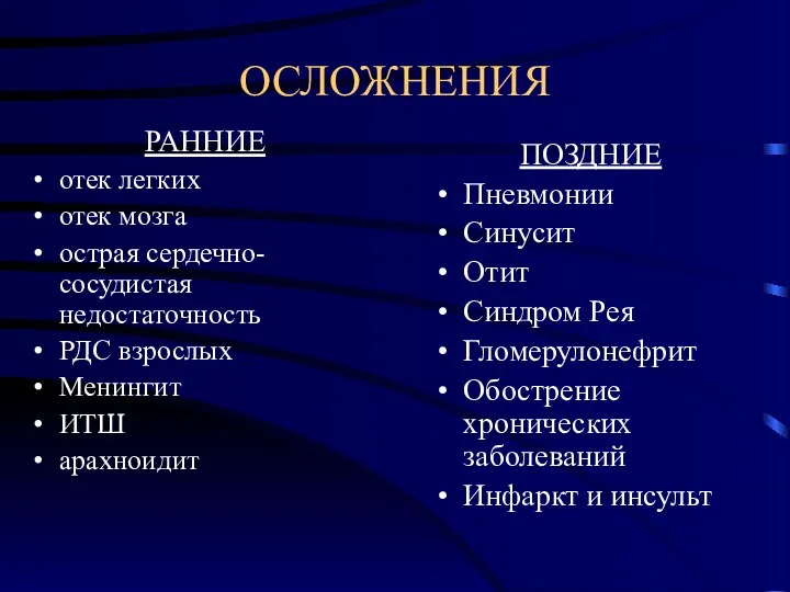 ОСЛОЖНЕНИЯ РАННИЕ отек легких отек мозга острая сердечно-сосудистая недостаточность РДС