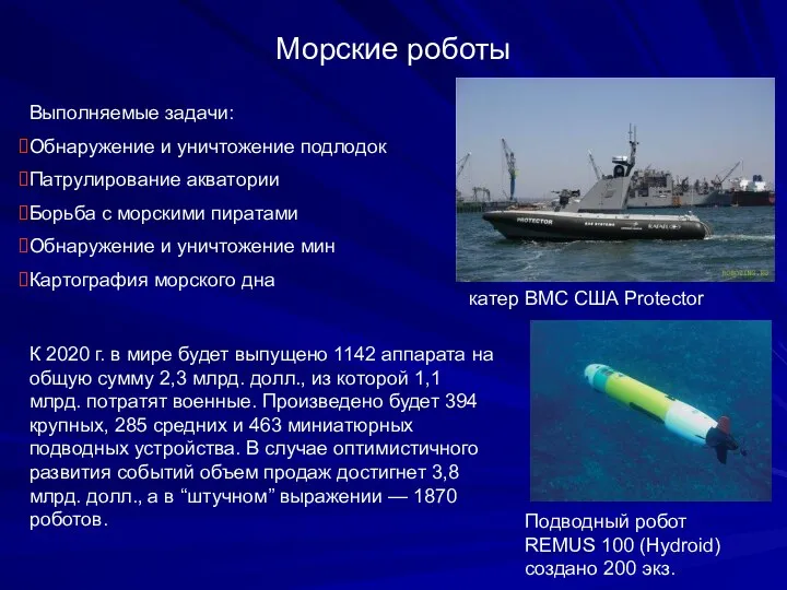 Морские роботы Подводный робот REMUS 100 (Hydroid) создано 200 экз. Выполняемые задачи: Обнаружение