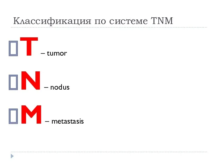 Классификация по системе TNM T – tumor N – nodus M – metastasis