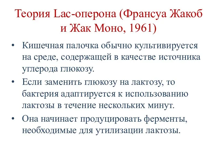 Теория Lac-оперона (Франсуа Жакоб и Жак Моно, 1961) Кишечная палочка