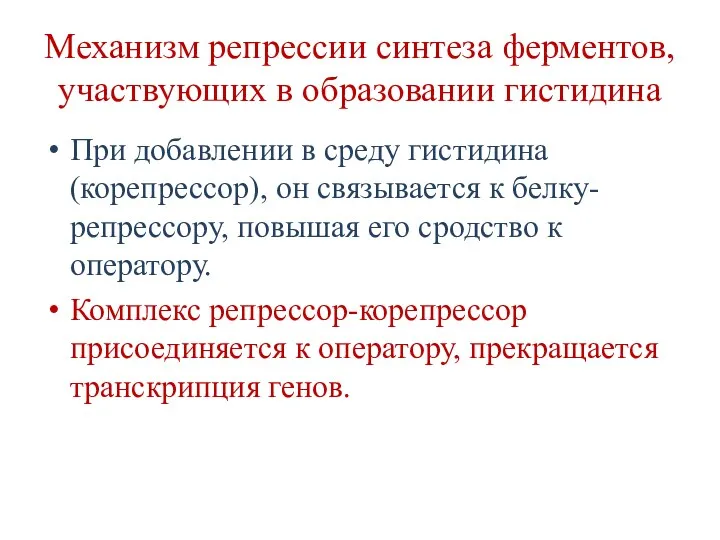 Механизм репрессии синтеза ферментов, участвующих в образовании гистидина При добавлении