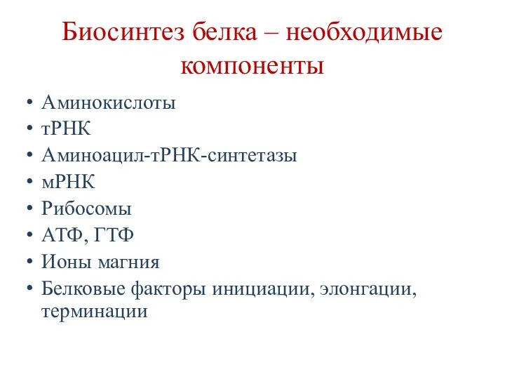 Биосинтез белка – необходимые компоненты Аминокислоты тРНК Аминоацил-тРНК-синтетазы мРНК Рибосомы