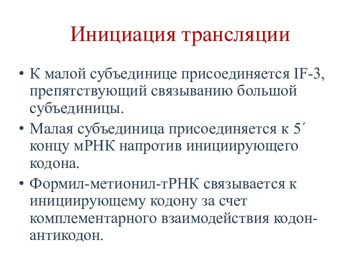 Инициация трансляции К малой субъединице присоединяется IF-3, препятствующий связыванию большой