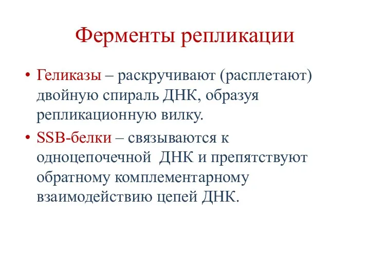 Ферменты репликации Геликазы – раскручивают (расплетают) двойную спираль ДНК, образуя