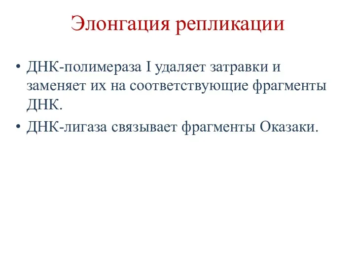 Элонгация репликации ДНК-полимераза I удаляет затравки и заменяет их на