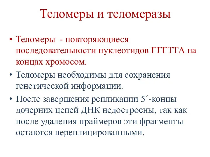 Теломеры и теломеразы Теломеры - повторяющиеся последовательности нуклеотидов ГГГТТА на