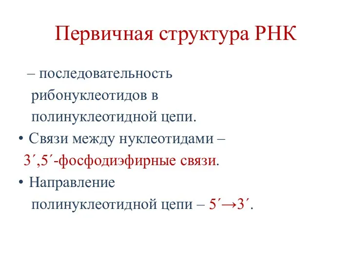 Первичная структура РНК – последовательность рибонуклеотидов в полинуклеотидной цепи. Связи