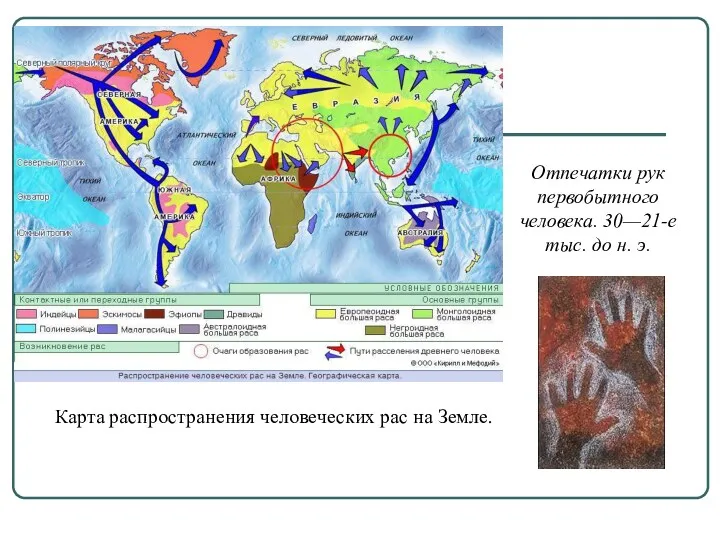 Карта распространения человеческих рас на Земле. Отпечатки рук первобытного человека. 30—21-е тыс. до н. э.