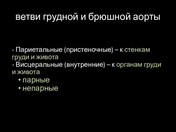 ветви грудной и брюшной аорты - Париетальные (пристеночные) – к стенкам груди и