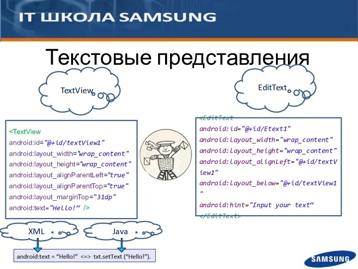 Текстовые представления TextView EditText android:id="@+id/textView1" android:layout_width="wrap_content" android:layout_height="wrap_content" android:layout_alignParentLeft="true" android:layout_alignParentTop="true" android:layout_marginTop="31dp"