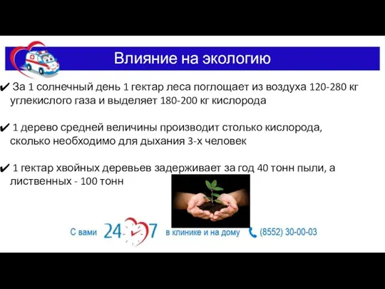 Влияние на экологию За 1 солнечный день 1 гектар леса