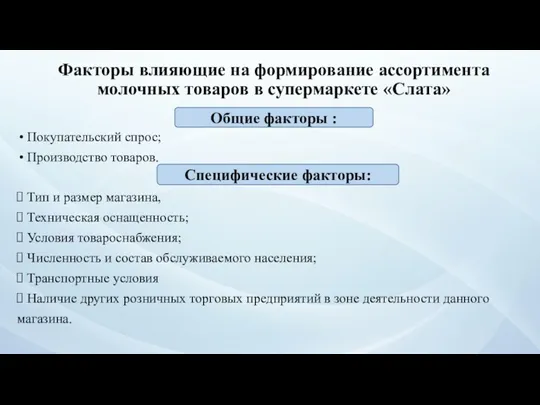 Факторы влияющие на формирование ассортимента молочных товаров в супермаркете «Слата»