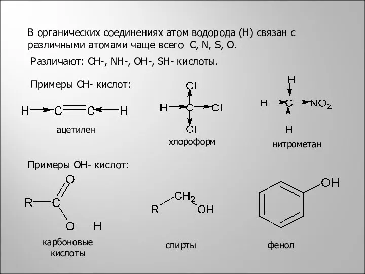 В органических соединениях атом водорода (Н) связан с различными атомами