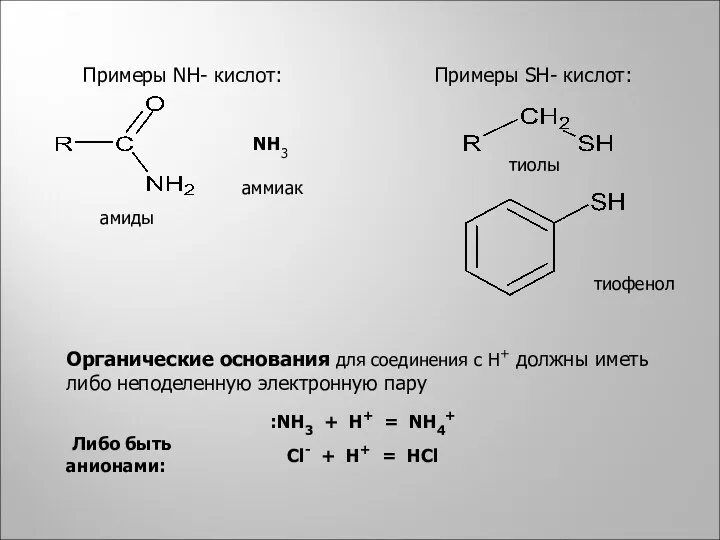 Примеры NН- кислот: NH3 амиды аммиак Примеры SН- кислот: тиолы