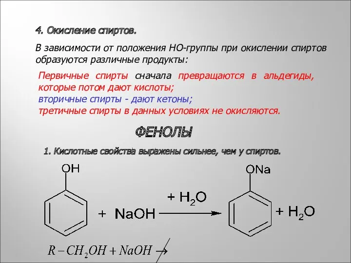 4. Окисление спиртов. В зависимости от положения HO-группы при окислении