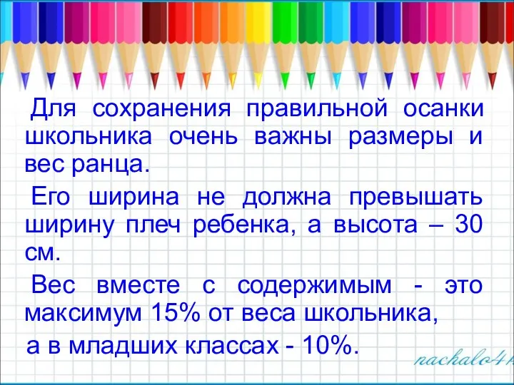 Для сохранения правильной осанки школьника очень важны размеры и вес