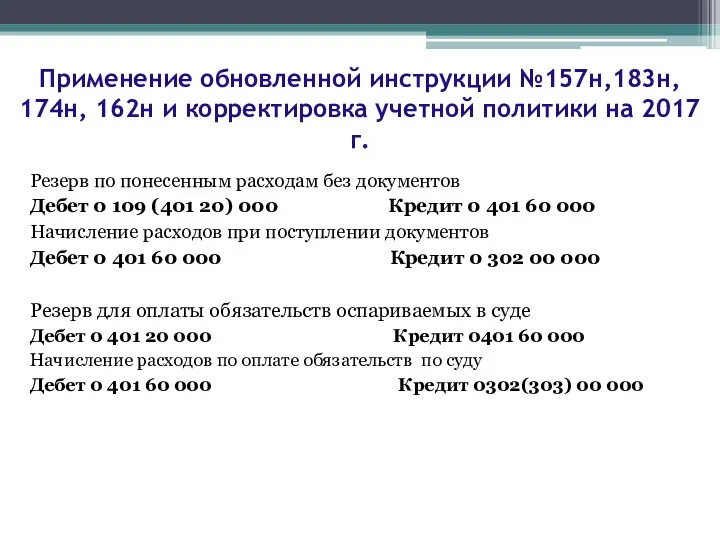 Резерв по понесенным расходам без документов Дебет 0 109 (401