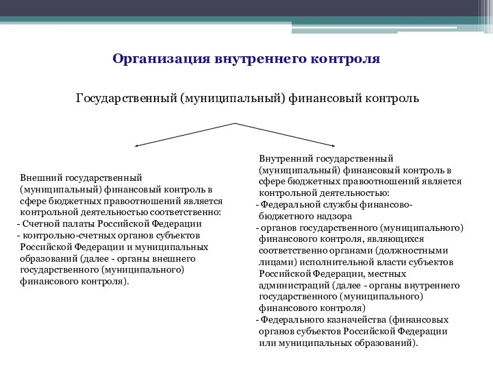 Организация внутреннего контроля Государственный (муниципальный) финансовый контроль Внешний государственный (муниципальный)