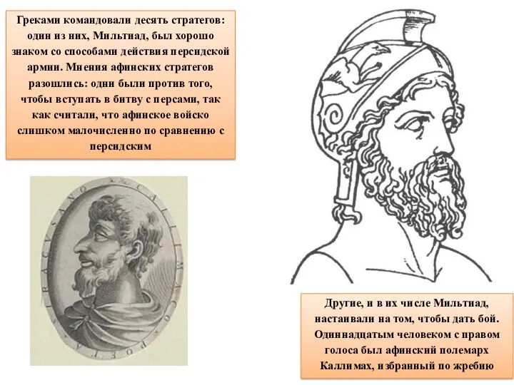 Греками командовали десять стратегов: один из них, Мильтиад, был хорошо