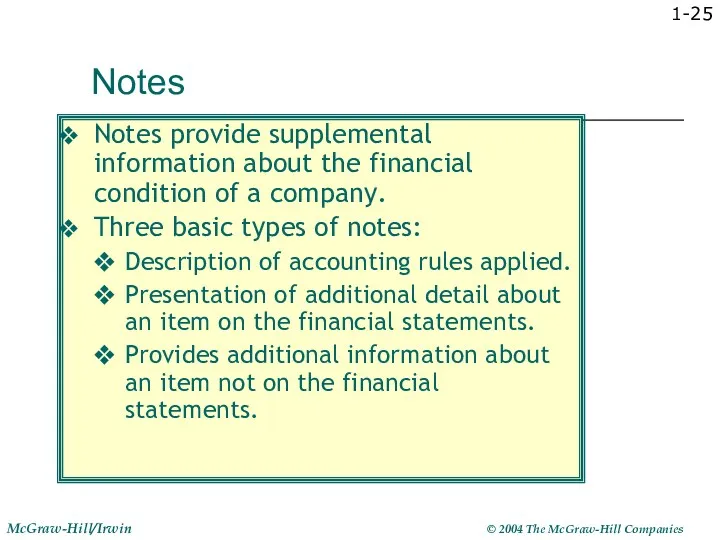 1- Notes Notes provide supplemental information about the financial condition of a company.