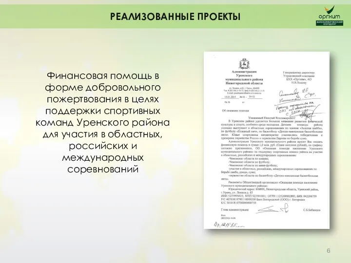 РЕАЛИЗОВАННЫЕ ПРОЕКТЫ Финансовая помощь в форме добровольного пожертвования в целях