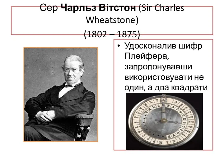 Сер Чарльз Вітстон (Sir Charles Wheatstone) (1802 – 1875) Удосконалив шифр Плейфера, запропонувавши