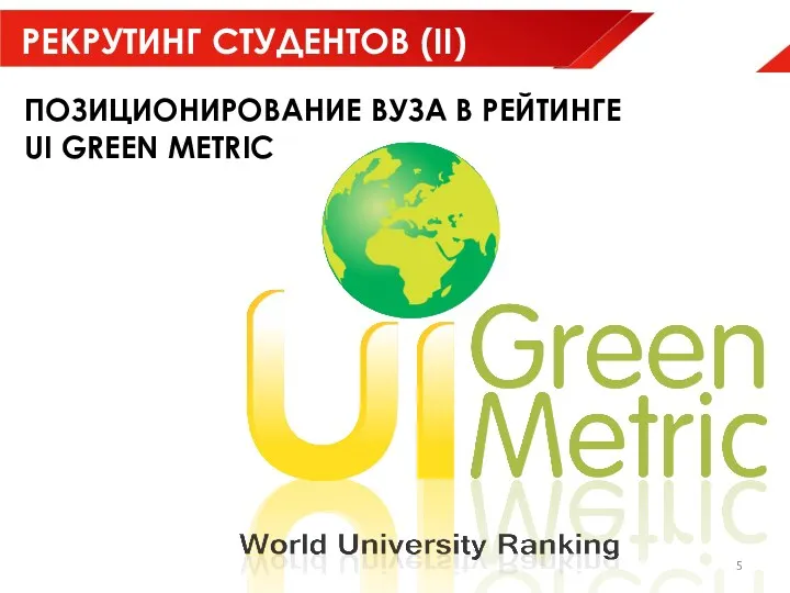 РЕКРУТИНГ СТУДЕНТОВ (II) ПОЗИЦИОНИРОВАНИЕ ВУЗА В РЕЙТИНГЕ UI GREEN METRIC