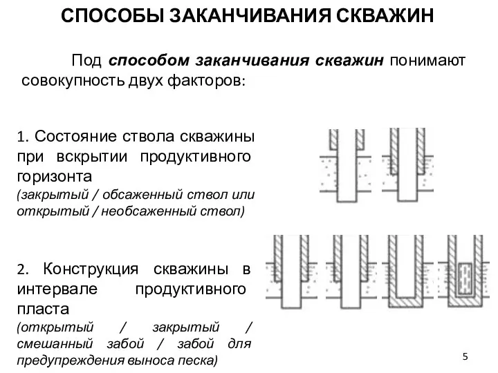 Под способом заканчивания скважин понимают совокупность двух факторов: СПОСОБЫ ЗАКАНЧИВАНИЯ