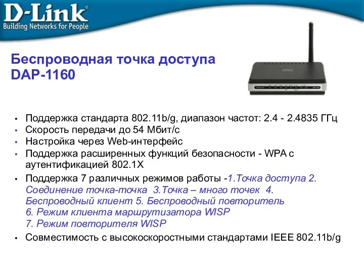 Беcпроводная точка доступа DAP-1160 Поддержка стандарта 802.11b/g, диапазон частот: 2.4 - 2.4835 ГГц