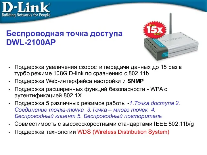 Беcпроводная точка доступа DWL-2100AP Поддержка увеличения скорости передачи данных до 15 раз в