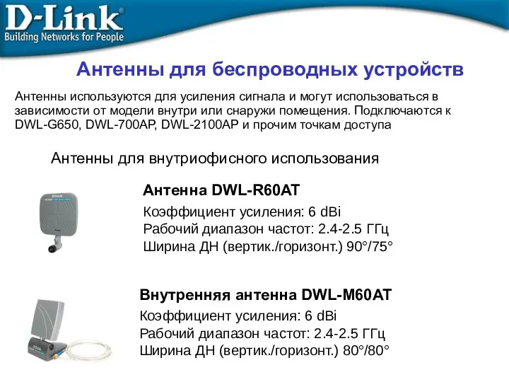 Антенны для беспроводных устройств Антенна DWL-R60AT Коэффициент усиления: 6 dBi Рабочий диапазон частот: