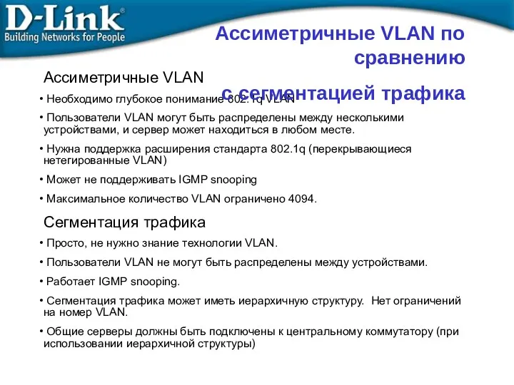 Ассиметричные VLAN Необходимо глубокое понимание 802.1q VLAN Пользователи VLAN могут быть распределены между