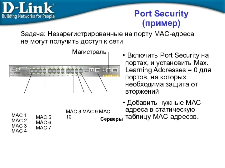 MAC 1 MAC 2 MAC 3 MAC 4 Включить Port Security на портах,