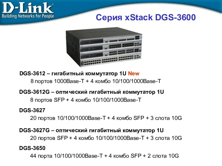 Серия xStack DGS-3600 DGS-3612G – оптический гигабитный коммутатор 1U 8 портов SFP +